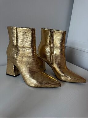 Marc Fisher Kulika Metallic Gold Block-Heel Pointed Toe Booties